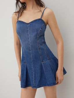 Cider - Denim Sweetheart Neckline Pleated Mini Dress