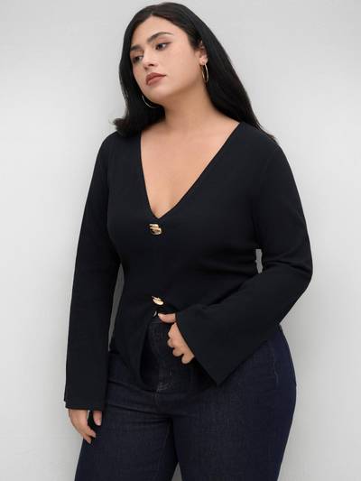 Cotton-blend V-neck Split Long Sleeve Top Curve & Plus