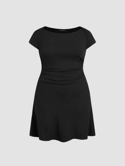 Cider - Cotton-blend Boat Neck Ruched Mini Dress Curve & Plus