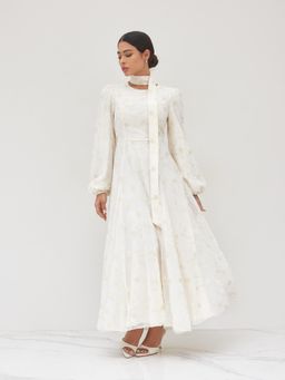 Cider - Round Neckline Crochet Floral Ruffle Midi Dress With Scarf (Set of 2)