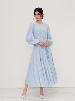 Cider - Round Neckline Crochet Floral Ruffle Midi Dress With Scarf (Set of 2)