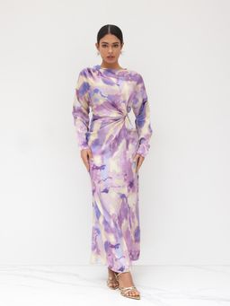 Cider - Satin Round Neckline Illusion Print Twist Maxi Dress