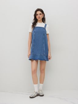 Cider - Denim Ruffle Hem Pinafore Mini Dress