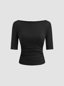 Cider - Boat Neck Ruched Middle Sleeve Tee