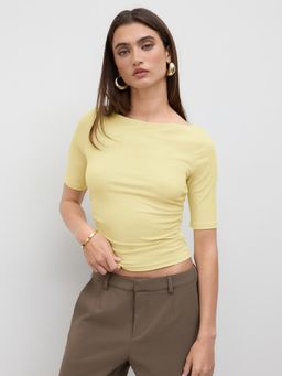 Cider - Boat Neck Ruched Middle Sleeve Tee