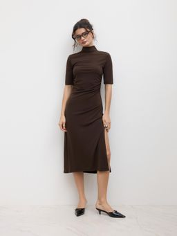 Cider - High Neck Ruched Split Backless Midi Dress