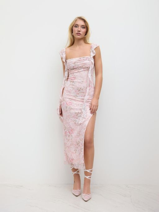 Buy Cider Lace Floral Ruffle Hem Split Maxi Dress (XXS) Online