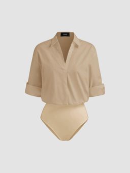 Cider - 100% Cotton Collar Roll-up Sleeve Shirt Bodysuit