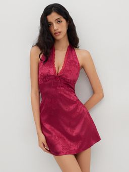 Cider - Satin Floral Lace Trim Bowknot Mini Dress