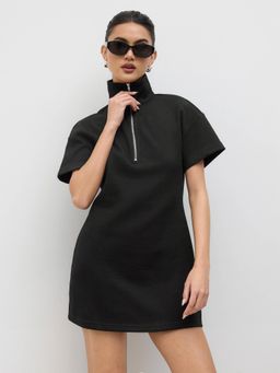 Cider - Cotton-blend Collar Half Zip Mini Dress