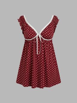 Cider - V-neck Polka Dot Lace Trim Bowknot Mini Dress