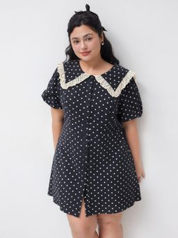 Cider - Cotton-blend Collar Polka Dot Mini Dress Curve & Plus