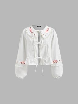 Cider - 100% Cotton Doll Collar Bowknot Embroidery Tie Front Bow Lantern Sleeve Blouse