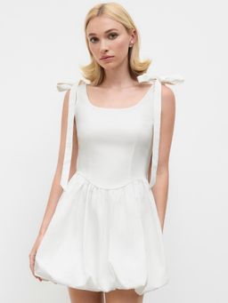 Cider - U-neckline Bubble Hem Bowknot Mini Dress