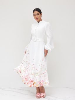 Cider - Linen-blend Mandarin Collar Floral Belted Midi Dress with Belt