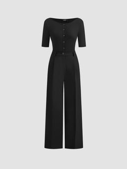 Cider - Boat Neck Button Mid-length Sleeve Jumpsuit