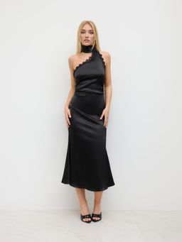 Cider - Satin Halter Neckline Ruched Lace Trim Midi Dress With Scarf (Set of 2)