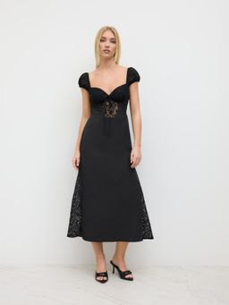 Cider - Satin Sweetheart Lace Patched Midi Dress