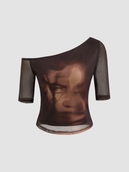Cider - Mesh Asymmetrical Neck Figure Middle Sleeve Top