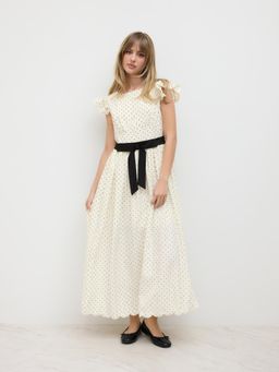 Cider - Boat Neck Polka Dot Bowknot Lettuce Trim Maxi Dress