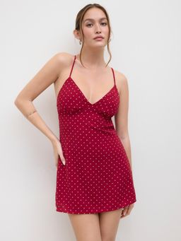 Cider - Sweetheart Polka Dot Knotted Backless Mini Dress