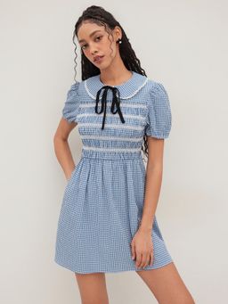 Cider - Cotton-blend Collar Gingham Shirred Puff Sleeve Mini Dress