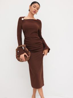 Cider - Asymmetrical Neck Ruched Split Midi Dress