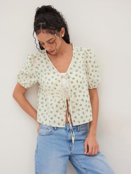 Cider - 100% Cotton V-neck Floral Tie Front Blouse