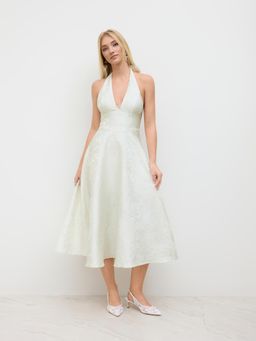 Cider - Jacquard Halter Neckline Floral Lace Up Midi Dress