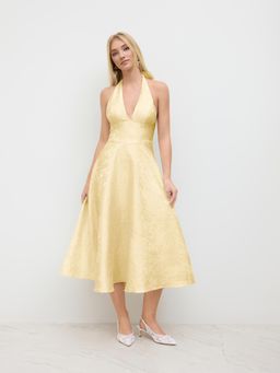 Cider - Jacquard Halter Neckline Floral Lace Up Midi Dress