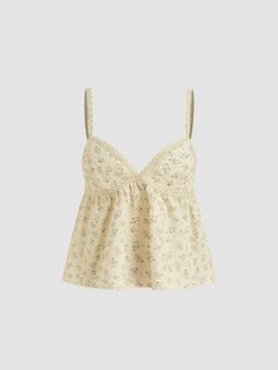 Cider - Cotton-blend V-neck Floral Lettuce Trim Ruffle Top