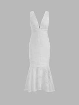 Cider - Lace V-neck Embroidery Midi Dress