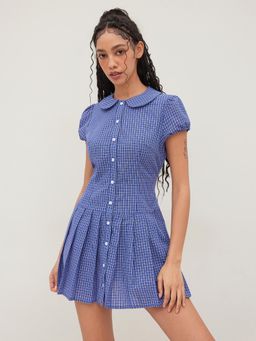 Cider - Cotton-blend Collar Plaid Pleated Mini Dress