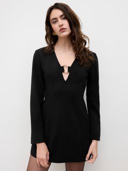 Cider - V-neck O-Ring Long Sleeve Mini Dress