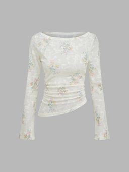 Cider - Boat Neck Floral Asymmetrical Ruched Long Sleeve Top