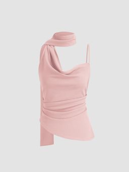 Cider - Halter Neckline Ruched Top With Scarf