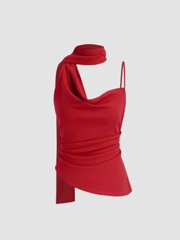 Cider - Halter Neckline Ruched Top With Scarf