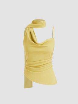 Cider - Halter Neckline Ruched Top With Scarf