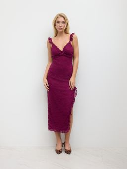 Cider - Lace V-neck Floral Ruffle Hem Split Midi Dress