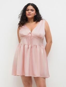 Cider - V-neck Knotted Ruffle Hem Mini Dress Curve & Plus
