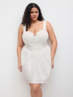 Cider - Satin Sweetheart Flower Bowknot Lace Trim Mini Dress Curve & Plus