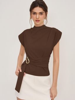 Cider - Stand Collar Belted Short Sleeve Top