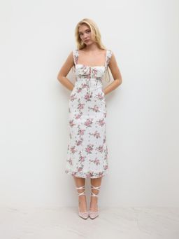 Cider - Lace Floral Knotted Ruffle Midi Dress