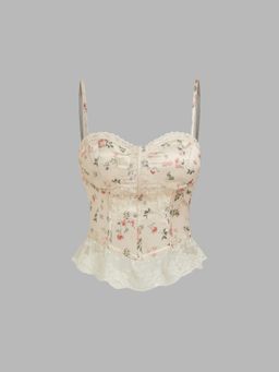 Cider - Satin Floral Lace Trim Crop Top