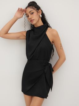 Cider - Asymmetrical Neck Knotted Cut Out Ruched Mini Dress