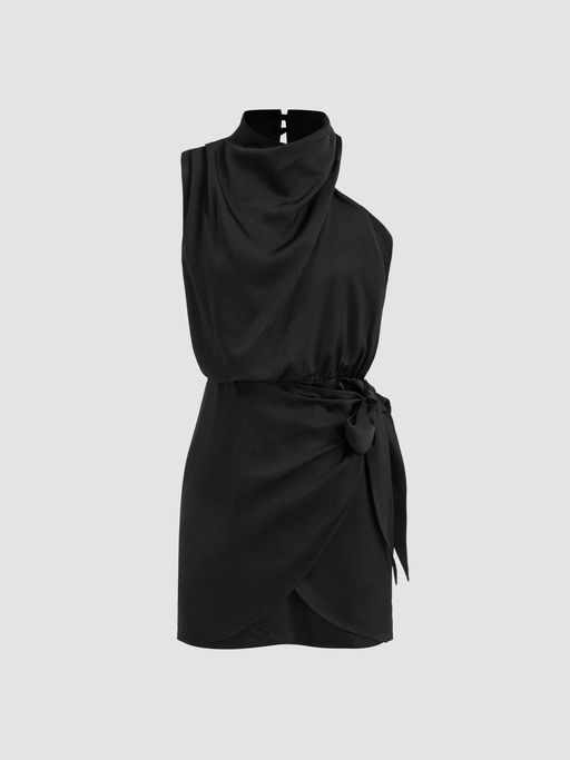 asymmetrical neck knotted mini dress Cider Knit Fabric Asymmetrical Neck Knotted Dress
