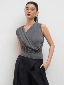 Cider - Asymmetrical Neck Ruched Short Sleeve Tee
