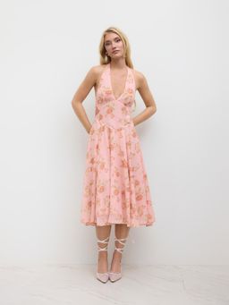 Cider - Mesh Halter Neckline Floral Ruffle Midi Dress