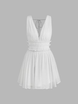 Cider - V-neck Knotted Shirred Mini Dress