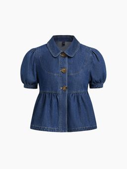 Cider - Denim Peter Pan Collar Ruched Puff Sleeve Blouse Top